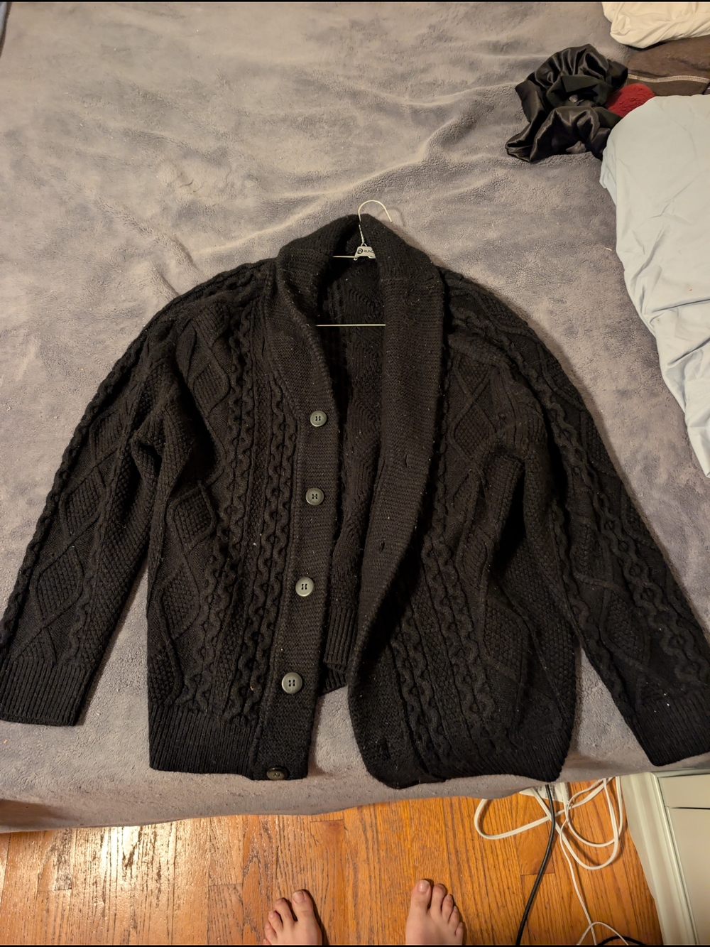 Men's Black Shawl Collar Cable Cardigan Sweater
